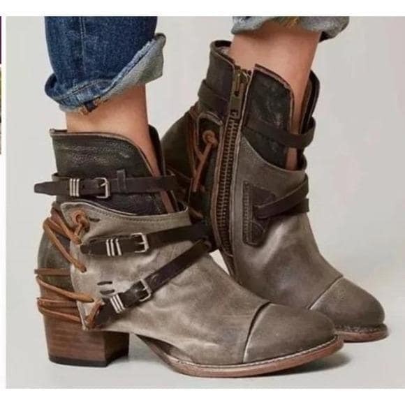 freebird Shoes - Freebird Crue Grey Black Multi Distressed Leather Buckle Ankle Boots Size 8